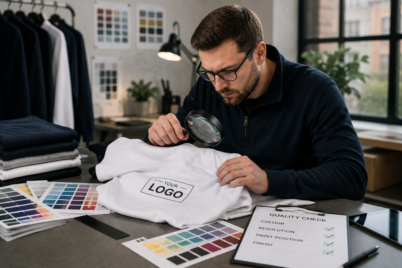 Quality check on a printed and embroidered garment before dispatch